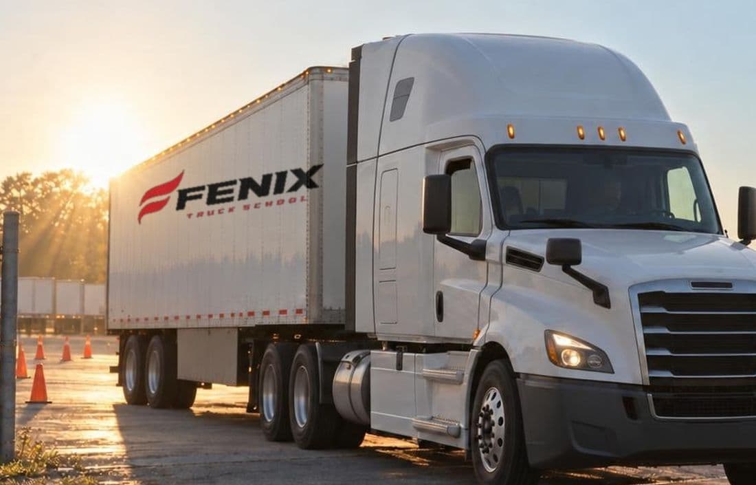 A Fenix tractor-trailer pulling out of the training yard at sunrise